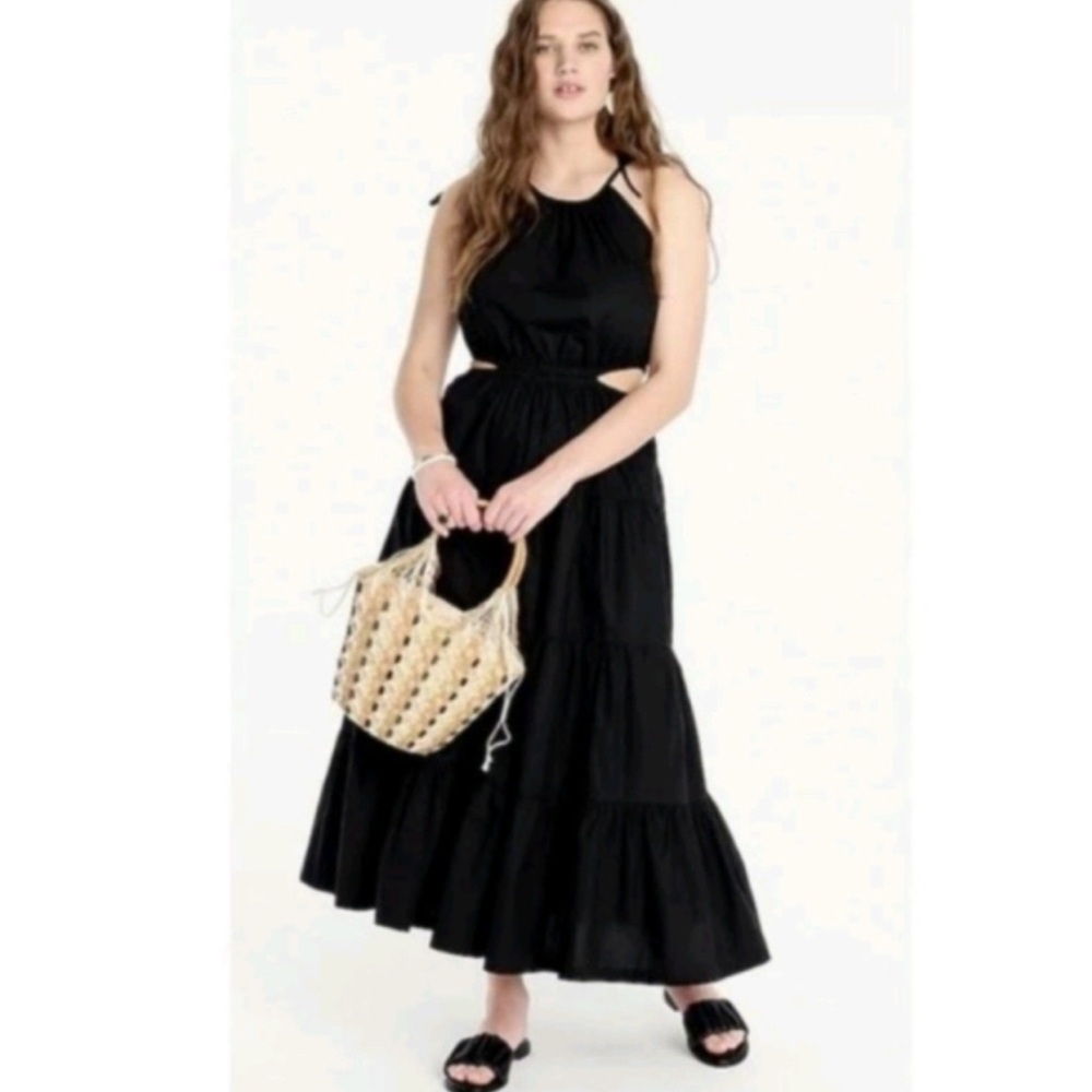 J. Crew Harbor Side Cut Out Organic Cotton Midi Dress BI551 Black Size Large